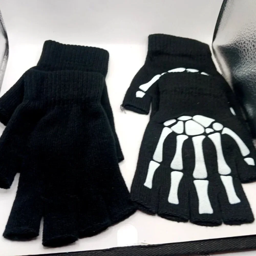Skeleton Print Fingerless Goth Gloves-Black TWO Pair Unisex New